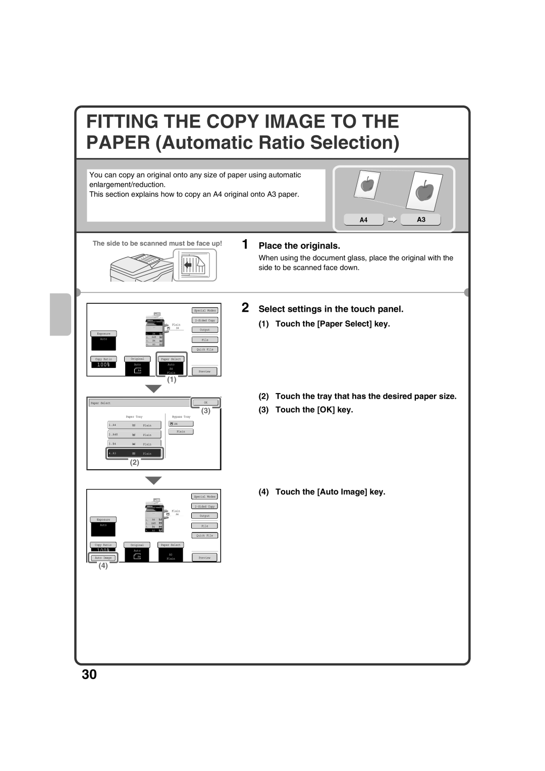 Sharp MX-M453N Touch the tray that has the desired paper size, Touch the Auto Image key, Side to be scanned face down 