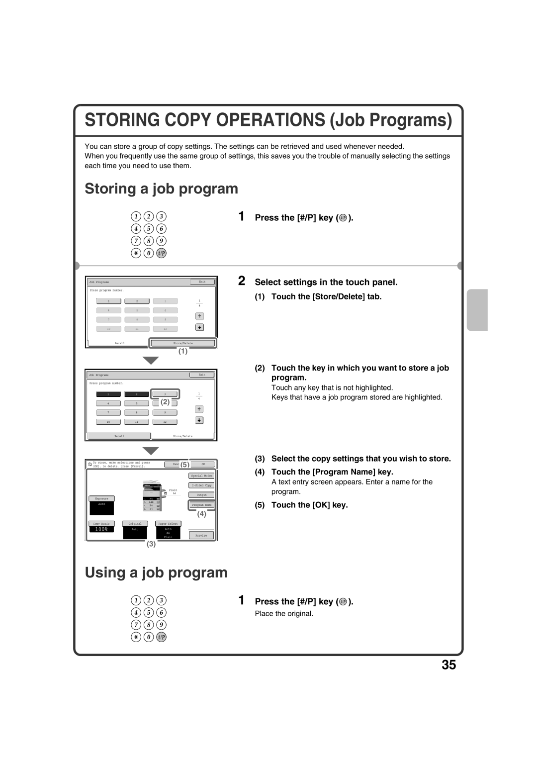 Sharp MX-M363N, MX-M453N, MX-M503N, MX-M283N quick start Storing a job program, Using a job program, Press the #/P key 