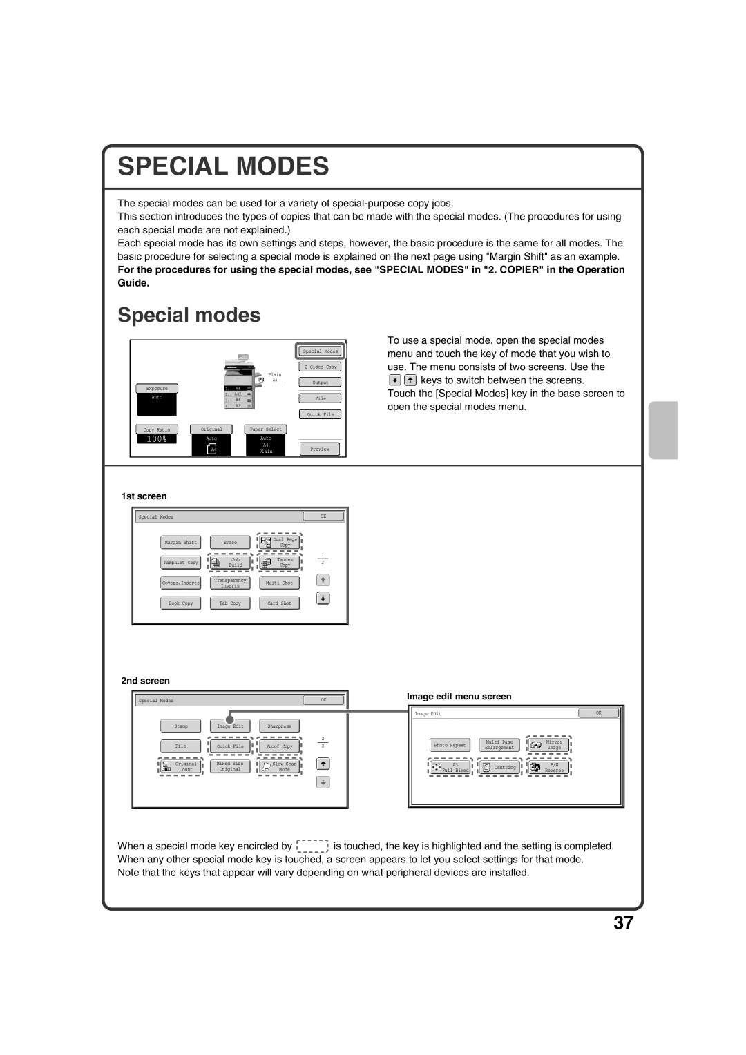 Sharp MX-M283N, MX-M453N, MX-M363N, MX-M503N Special Modes, Special modes, 1st screen, 2nd screen, Image edit menu screen 