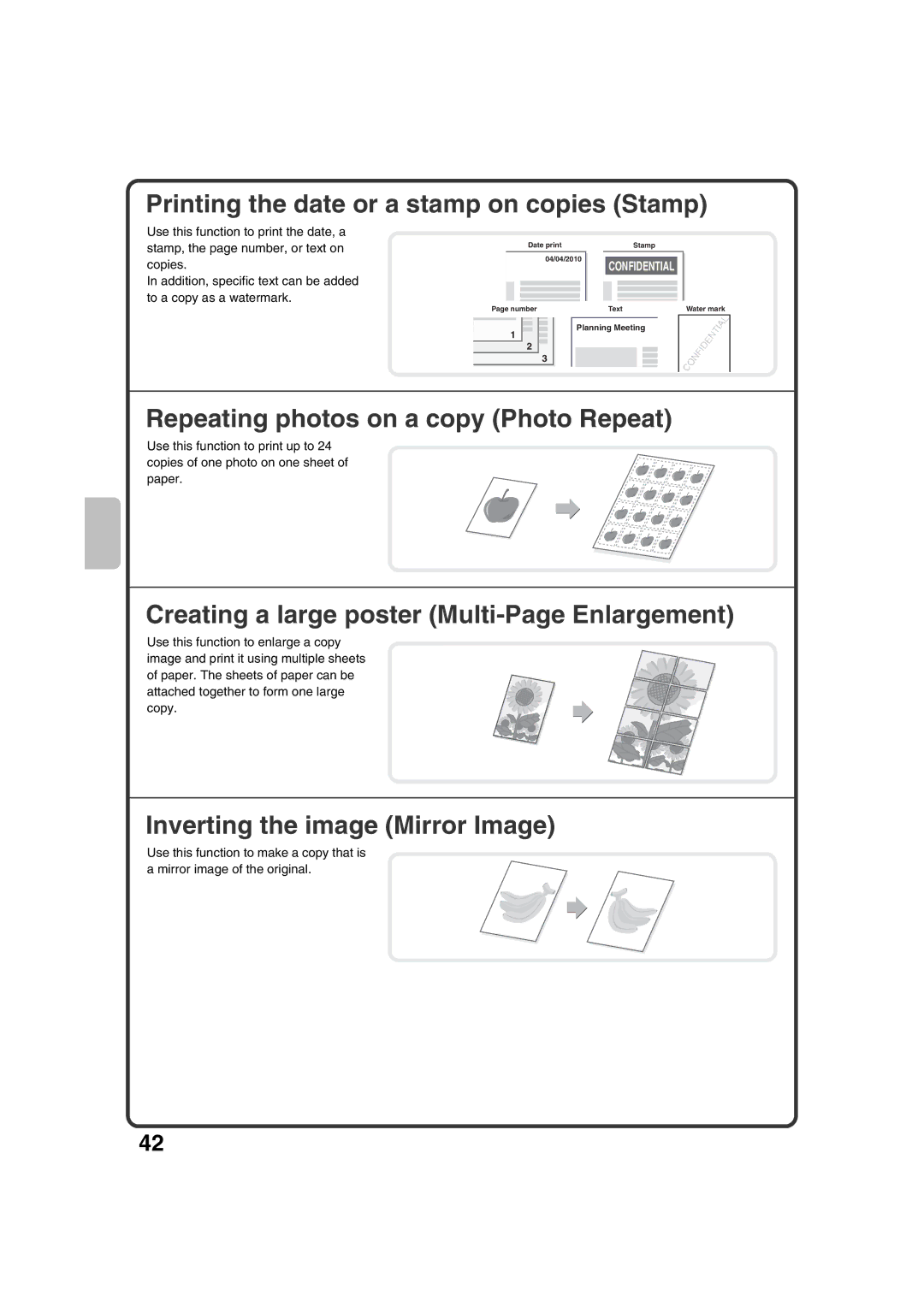 Sharp MX-M453N, MX-M363N, MX-M503N Printing the date or a stamp on copies Stamp, Repeating photos on a copy Photo Repeat 