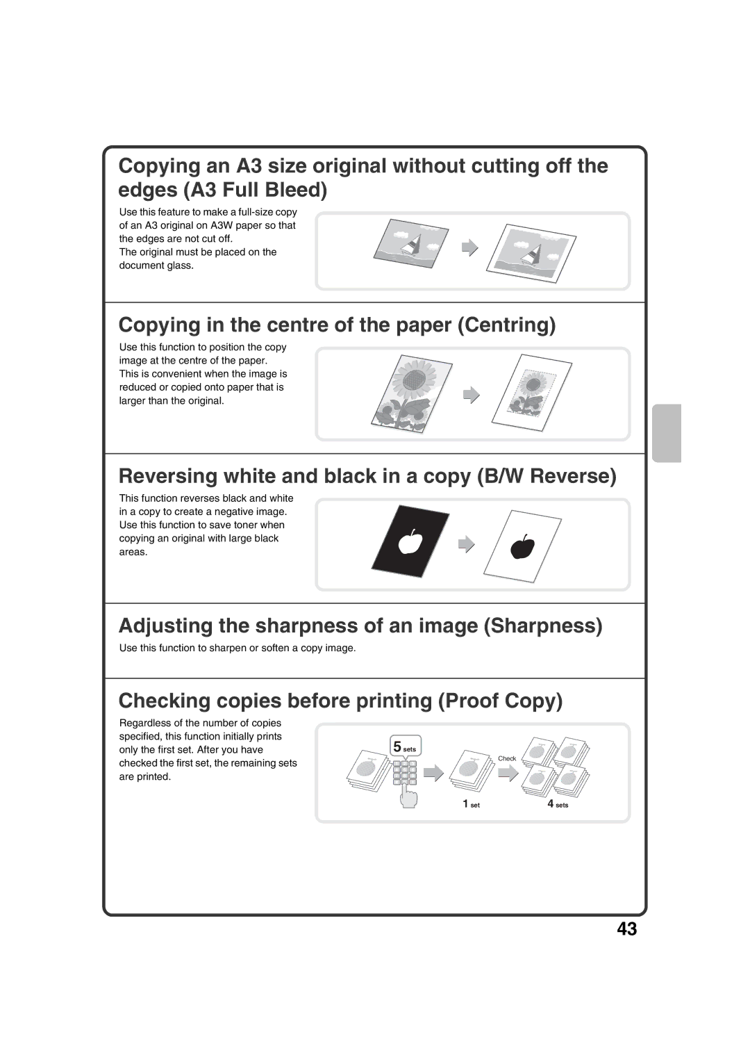 Sharp MX-M363N, MX-M453N Copying in the centre of the paper Centring, Reversing white and black in a copy B/W Reverse 