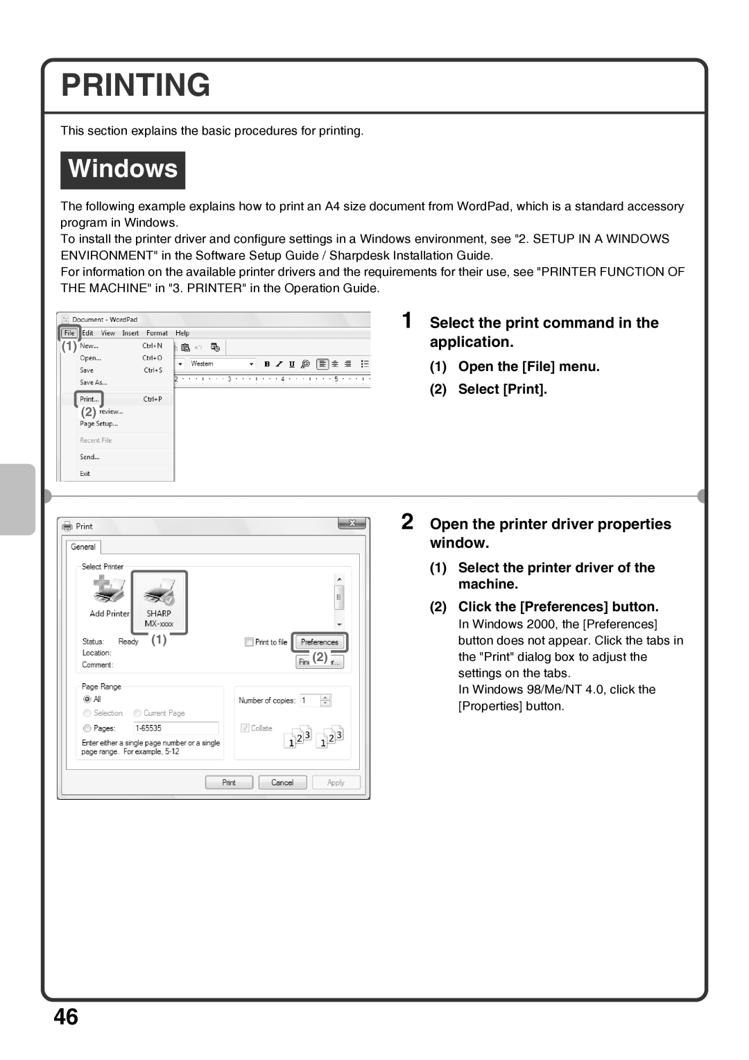 Sharp MX-M453N, MX-M363N, MX-M503N, MX-M283N Printing, Select the print command, Open the printer driver properties Window 