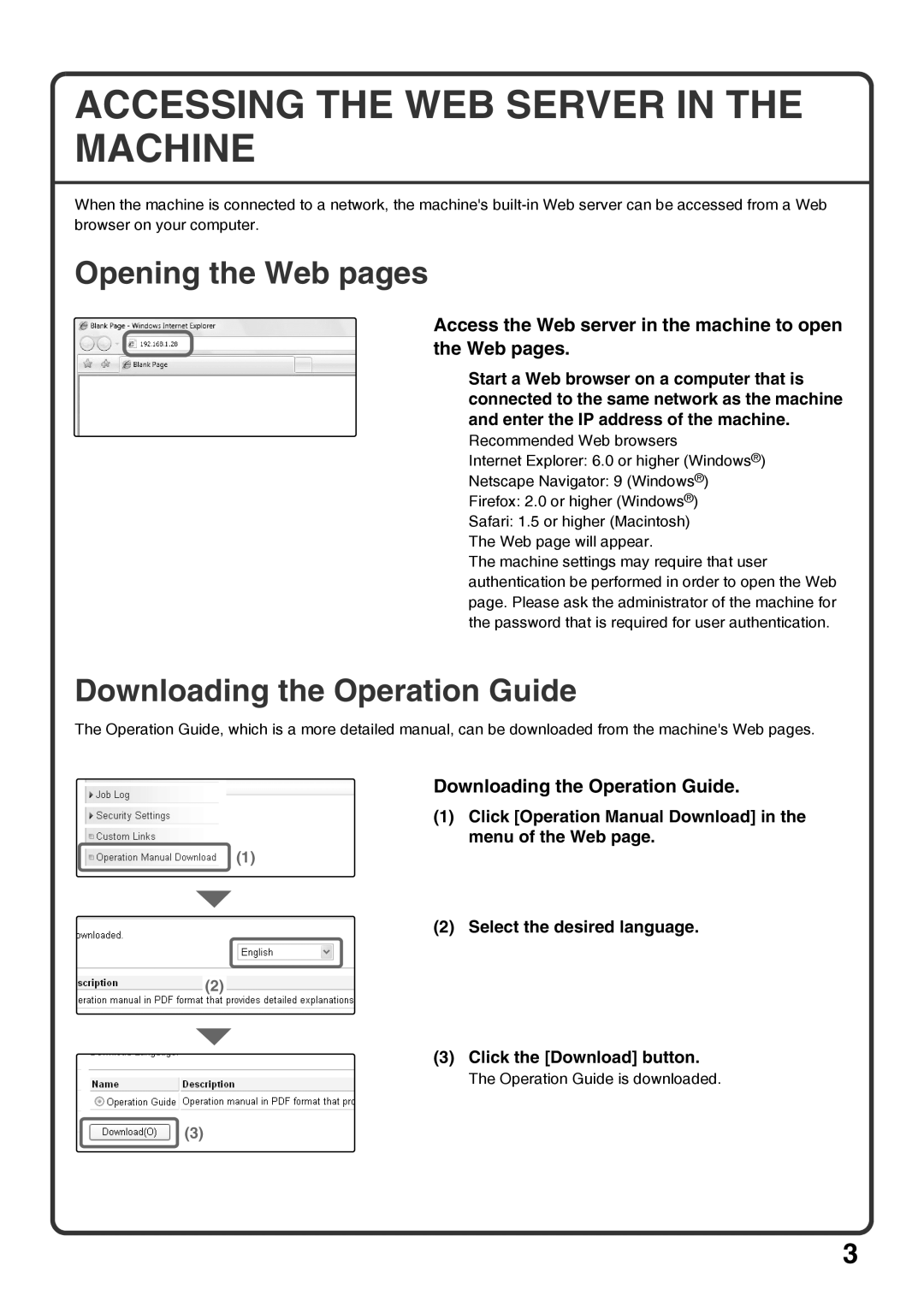 Sharp MX-M363N, MX-M453N Accessing the WEB Server in the Machine, Opening the Web pages, Downloading the Operation Guide 