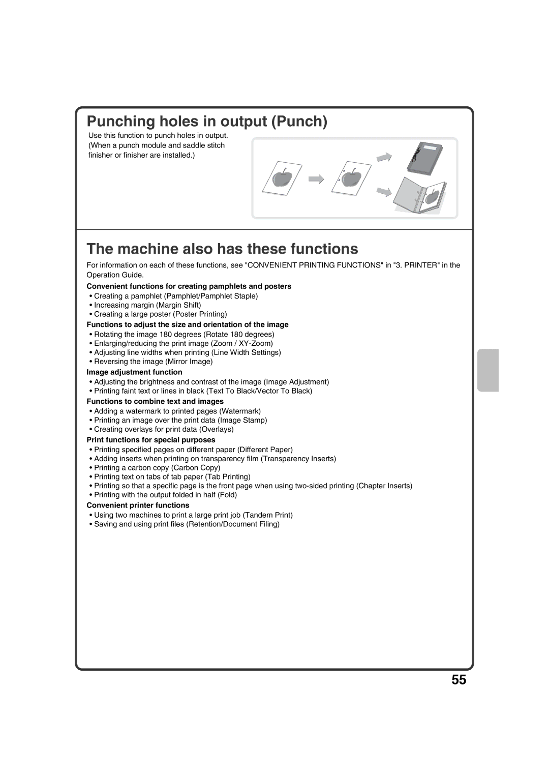 Sharp MX-M363N, MX-M453N, MX-M503N, MX-M283N quick start Punching holes in output Punch, Machine also has these functions 