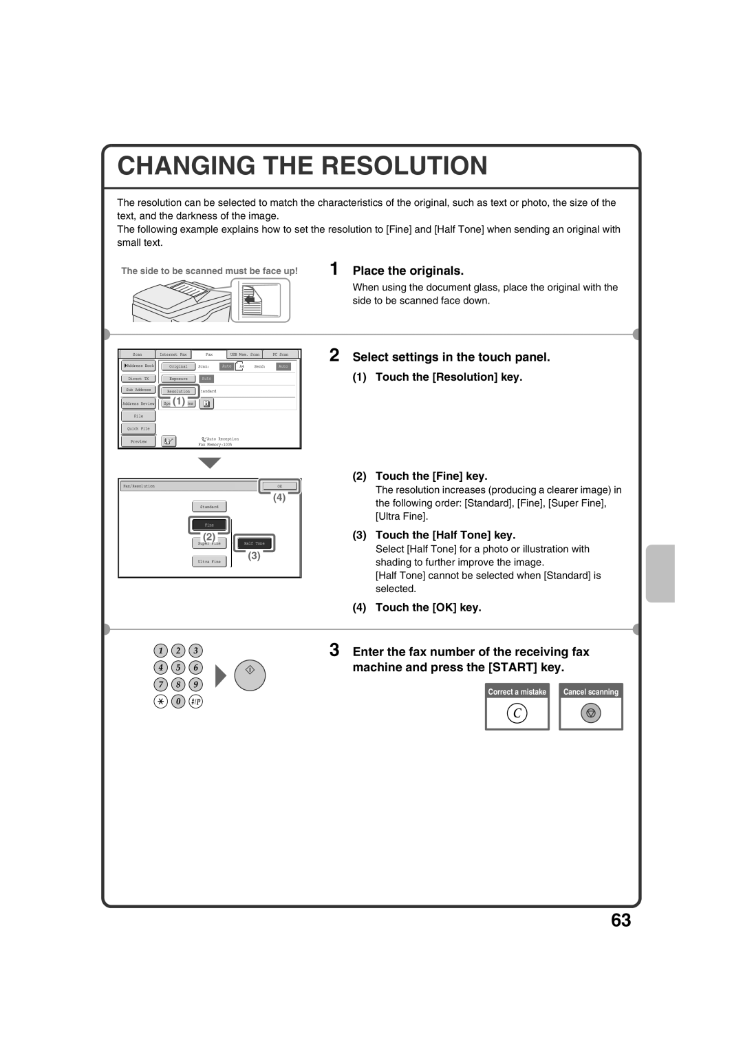 Sharp MX-M363N, MX-M453N Changing the Resolution, Touch the Resolution key, Touch the Fine key, Touch the Half Tone key 