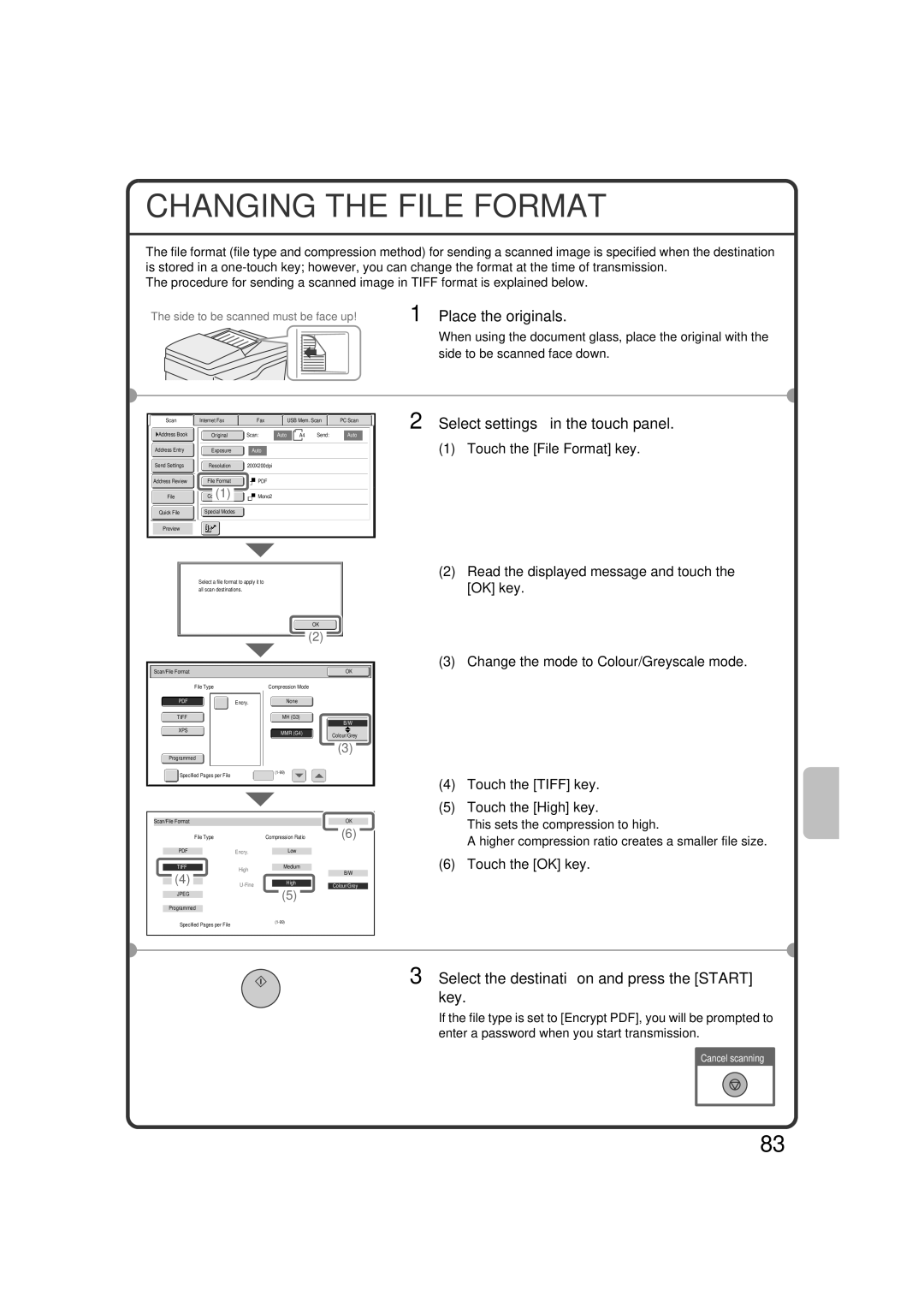 Sharp MX-M363N Changing the File Format, Select the destination and press the Start key, Touch the File Format key 