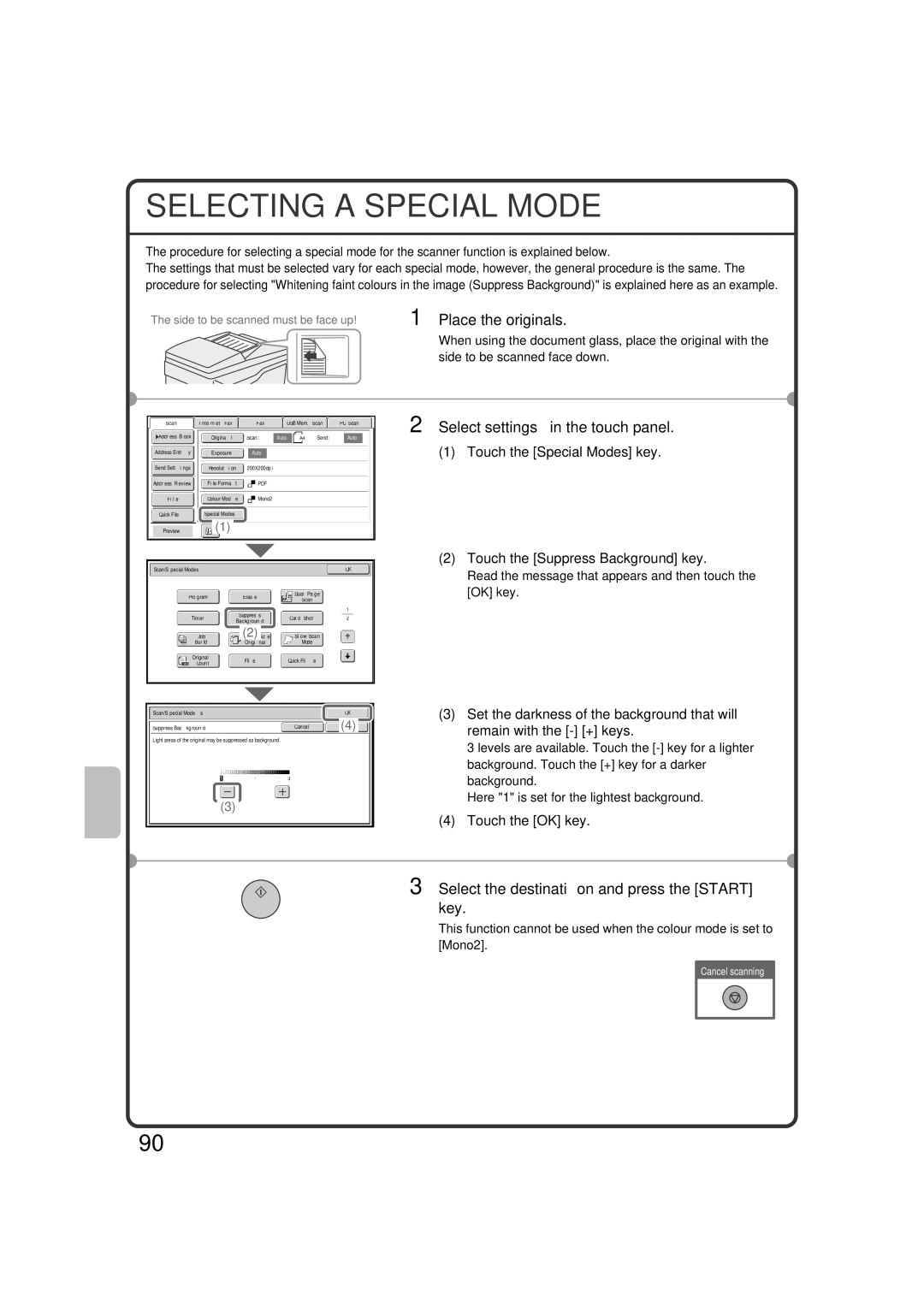 Sharp MX-M453N, MX-M363N, MX-M503N, MX-M283N quick start Selecting a Special Mode, Touch the Suppress Background key 