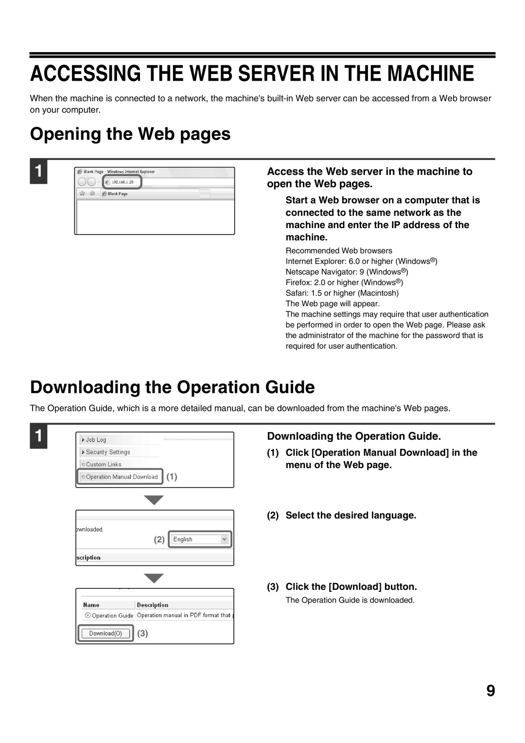 Sharp MX-M452N, MX-M502N Opening the Web pages, Downloading the Operation Guide, Access the Web server in the machine to 