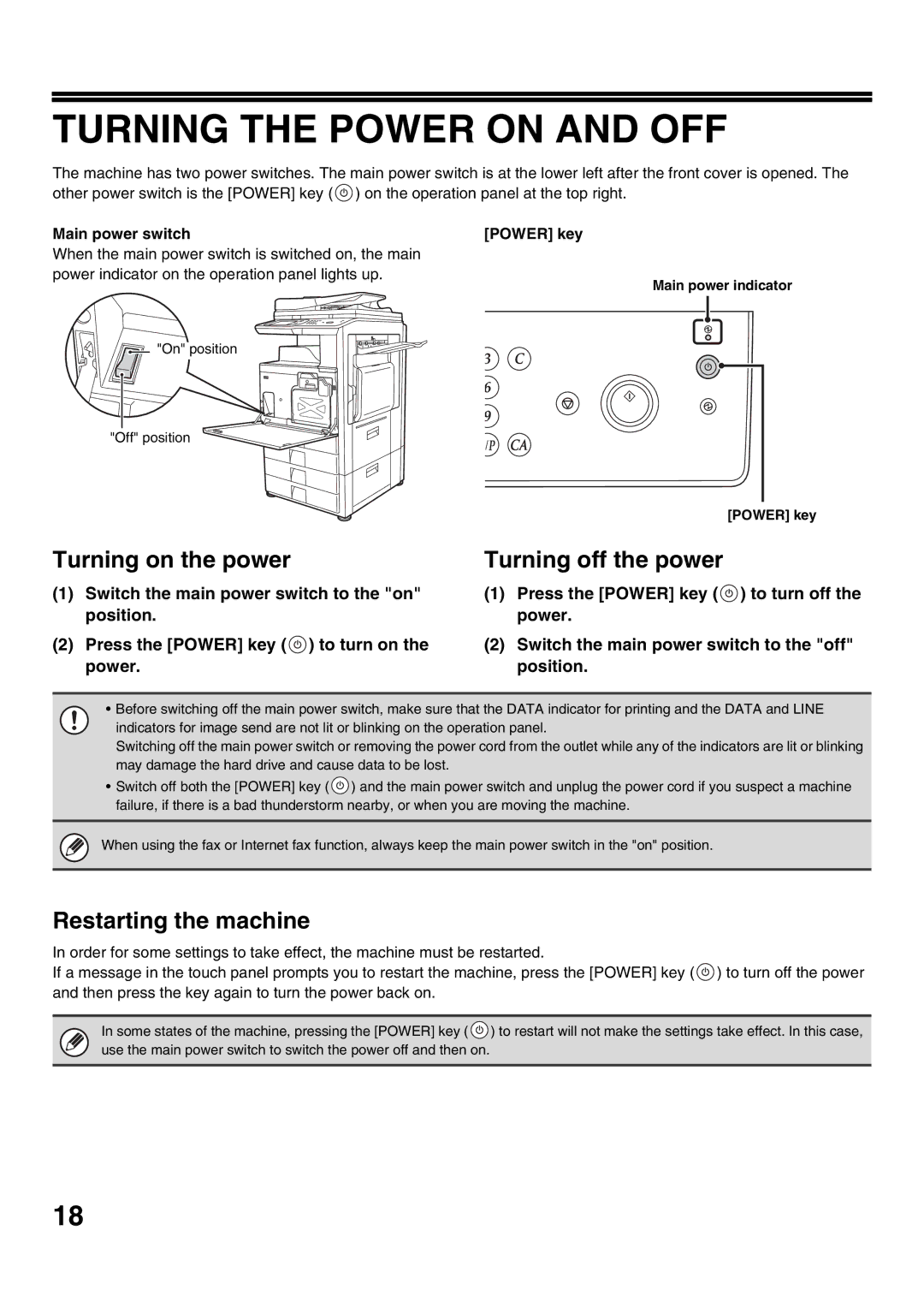 Sharp MX-M502N, MX-M282N manual Turning the Power on and OFF, Main power switch Power key, Main power indicator Power key 