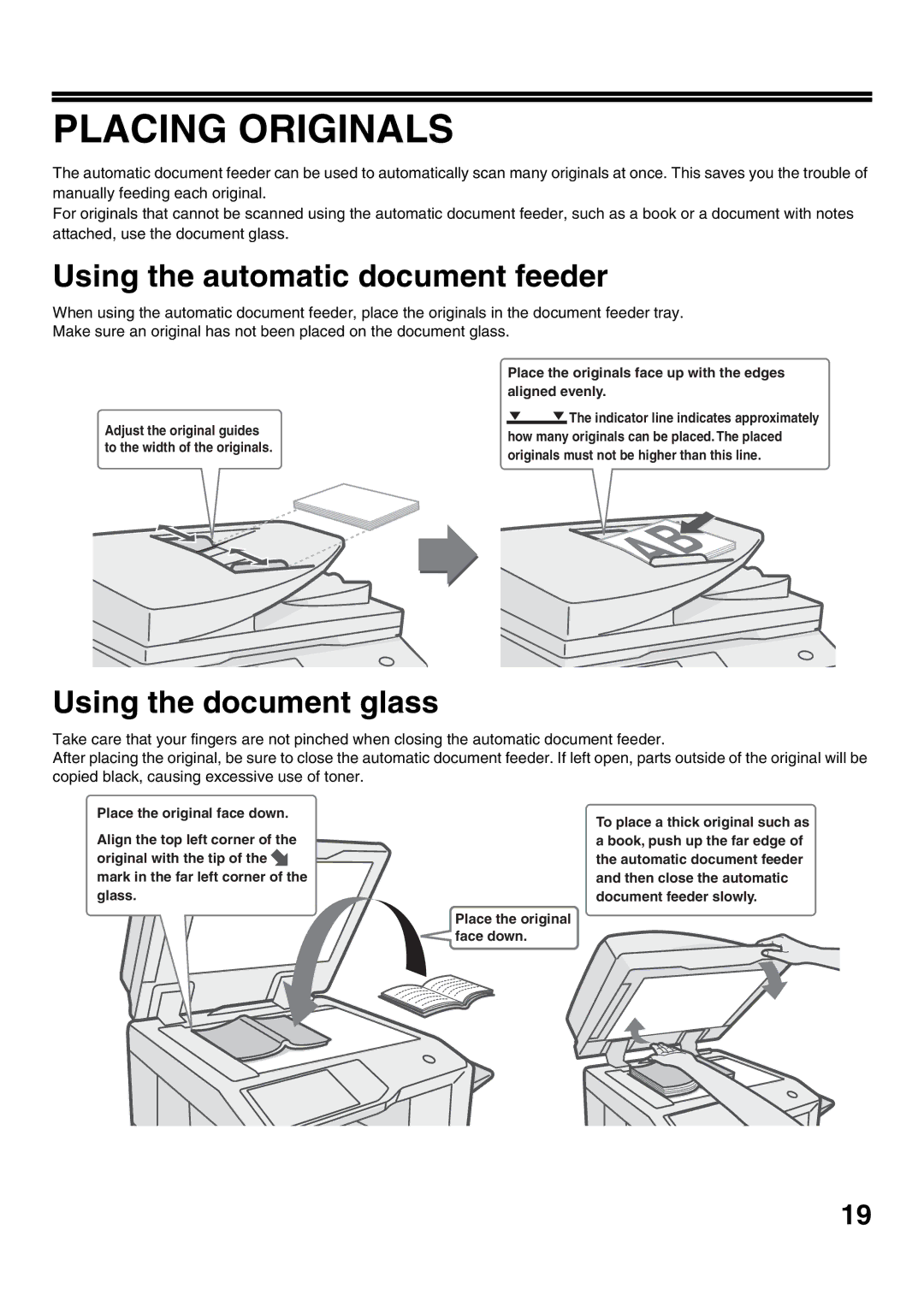 Sharp MX-M282N, MX-M502N, MX-M362N manual Placing Originals, Using the automatic document feeder, Using the document glass 