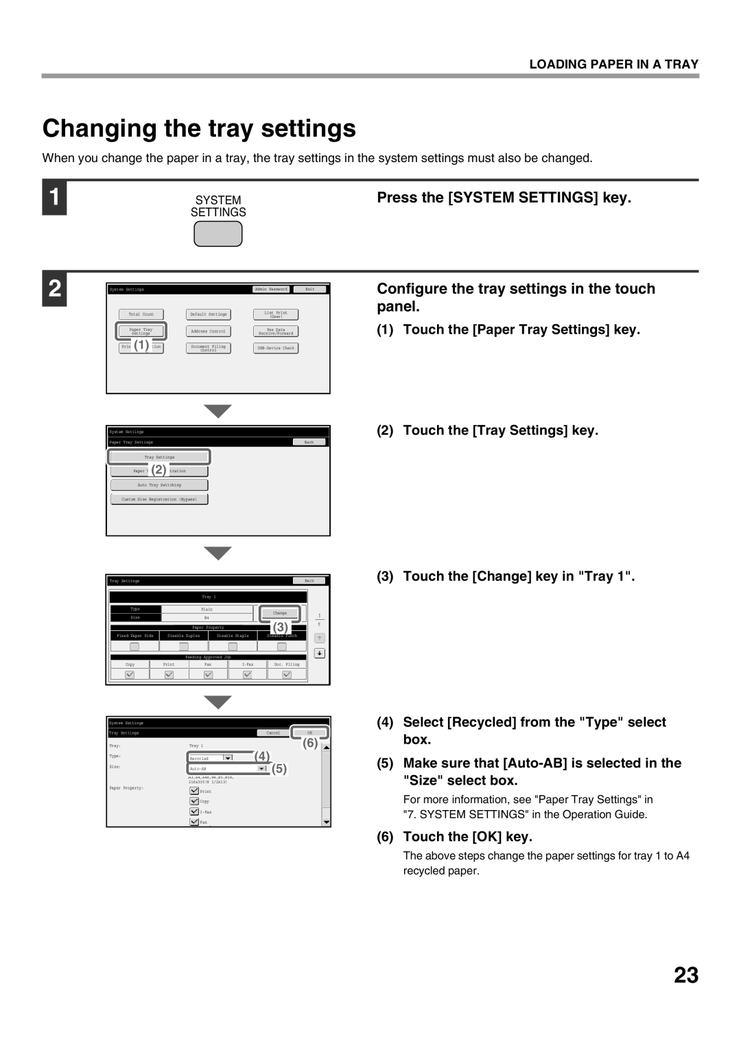 Sharp MX-M282N, MX-M502N, MX-M362N, MX-M452N manual Changing the tray settings, Configure the tray settings in the touch panel 