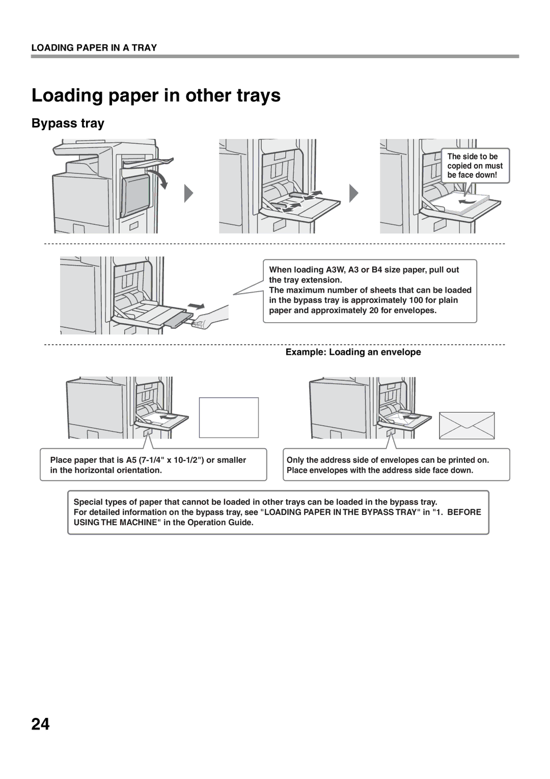 Sharp MX-M362N, MX-M502N, MX-M282N, MX-M452N manual Loading paper in other trays, Bypass tray, Example Loading an envelope 