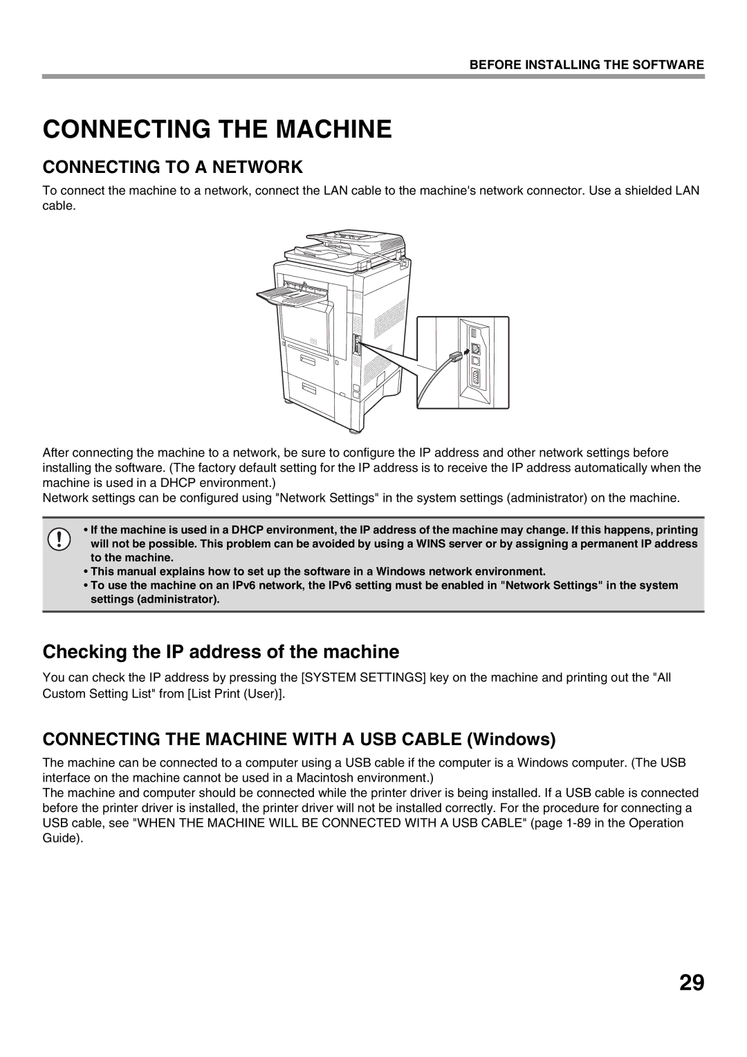 Sharp MX-M452N, MX-M502N, MX-M282N, MX-M362N manual Connecting the Machine with a USB Cable Windows 