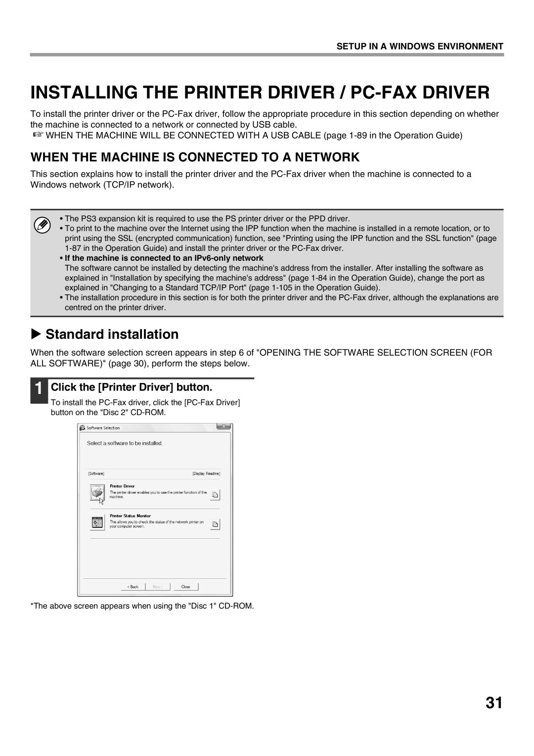 Sharp MX-M282N, MX-M502N, MX-M362N, MX-M452N Installing the Printer Driver / PC-FAX Driver, Click the Printer Driver button 