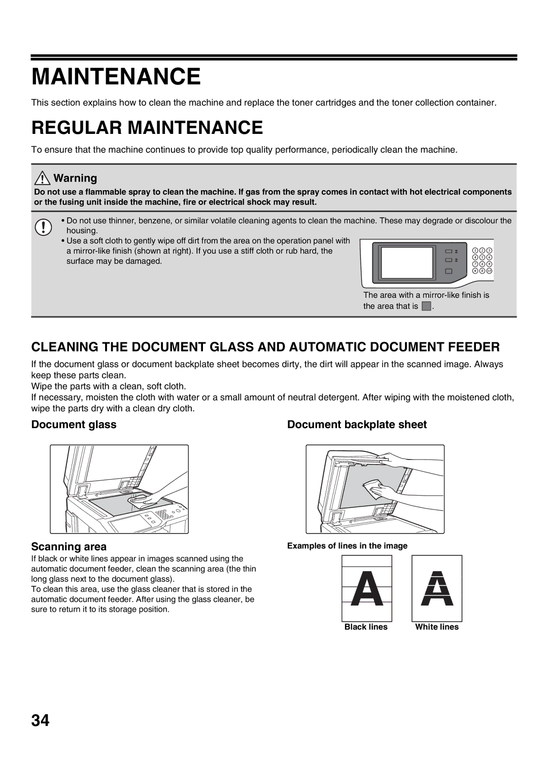 Sharp MX-M502N, MX-M282N, MX-M362N, MX-M452N manual Regular Maintenance, Document glass, Scanning area 