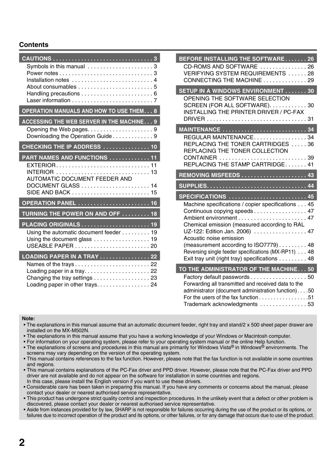 Sharp MX-M502N, MX-M282N, MX-M362N, MX-M452N manual Contents 