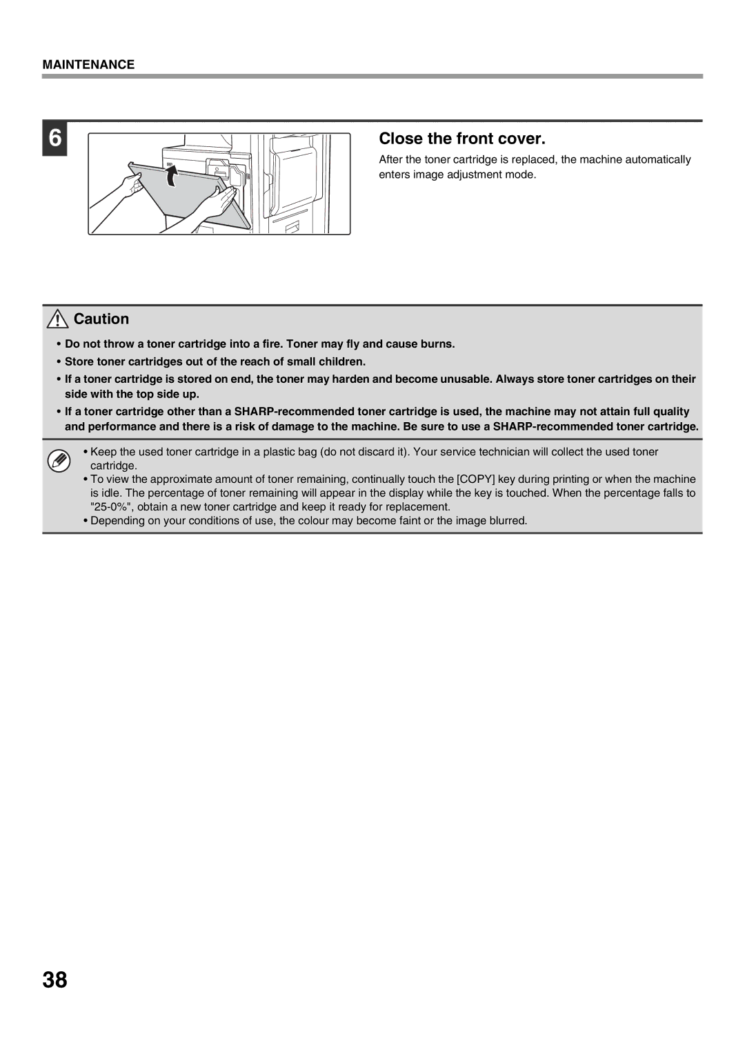 Sharp MX-M502N, MX-M282N, MX-M362N, MX-M452N manual Close the front cover 