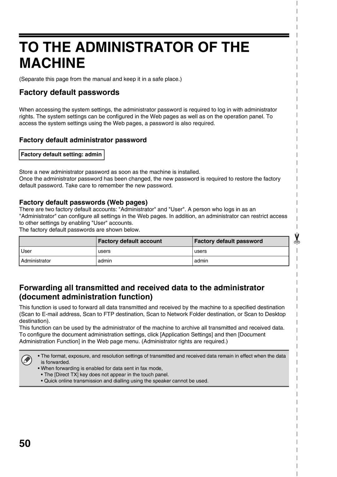 Sharp MX-M502N To the Administrator of the Machine, Factory default passwords, Factory default administrator password 