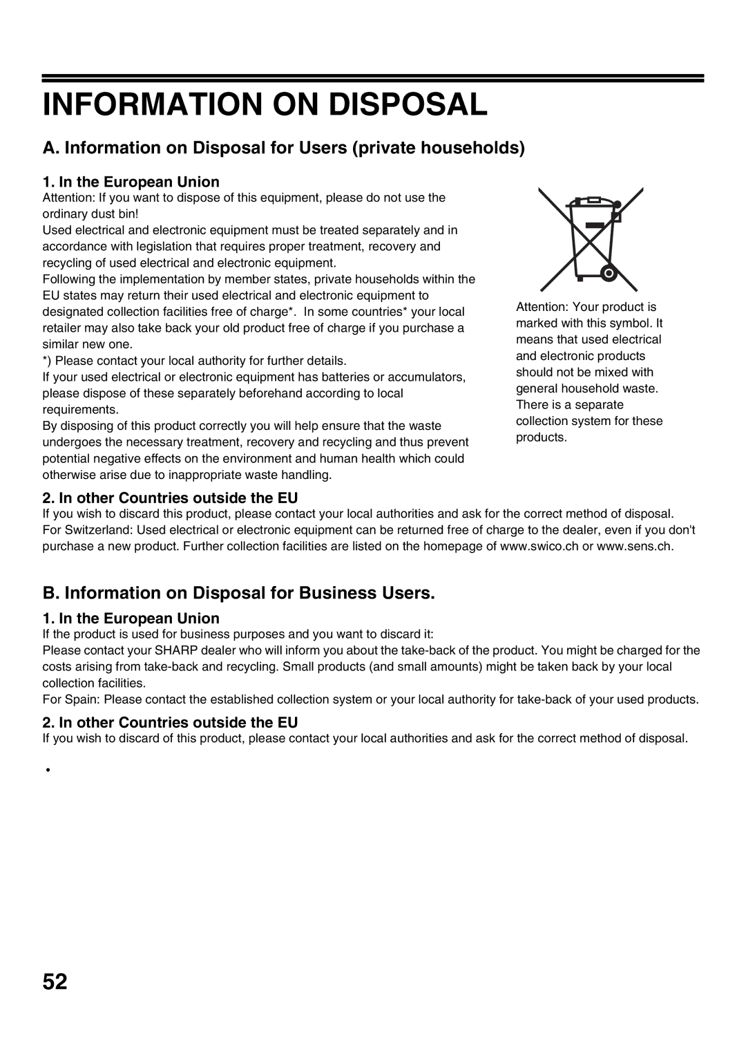 Sharp MX-M362N manual Information on Disposal for Users private households, Information on Disposal for Business Users 