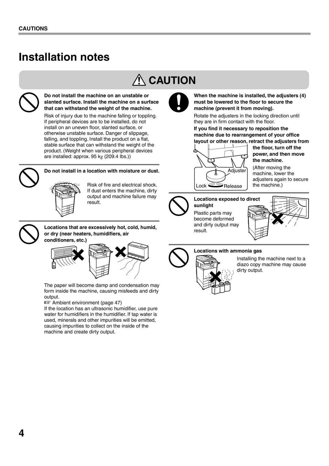 Sharp MX-M362N manual Installation notes, Do not install in a location with moisture or dust, Locations with ammonia gas 