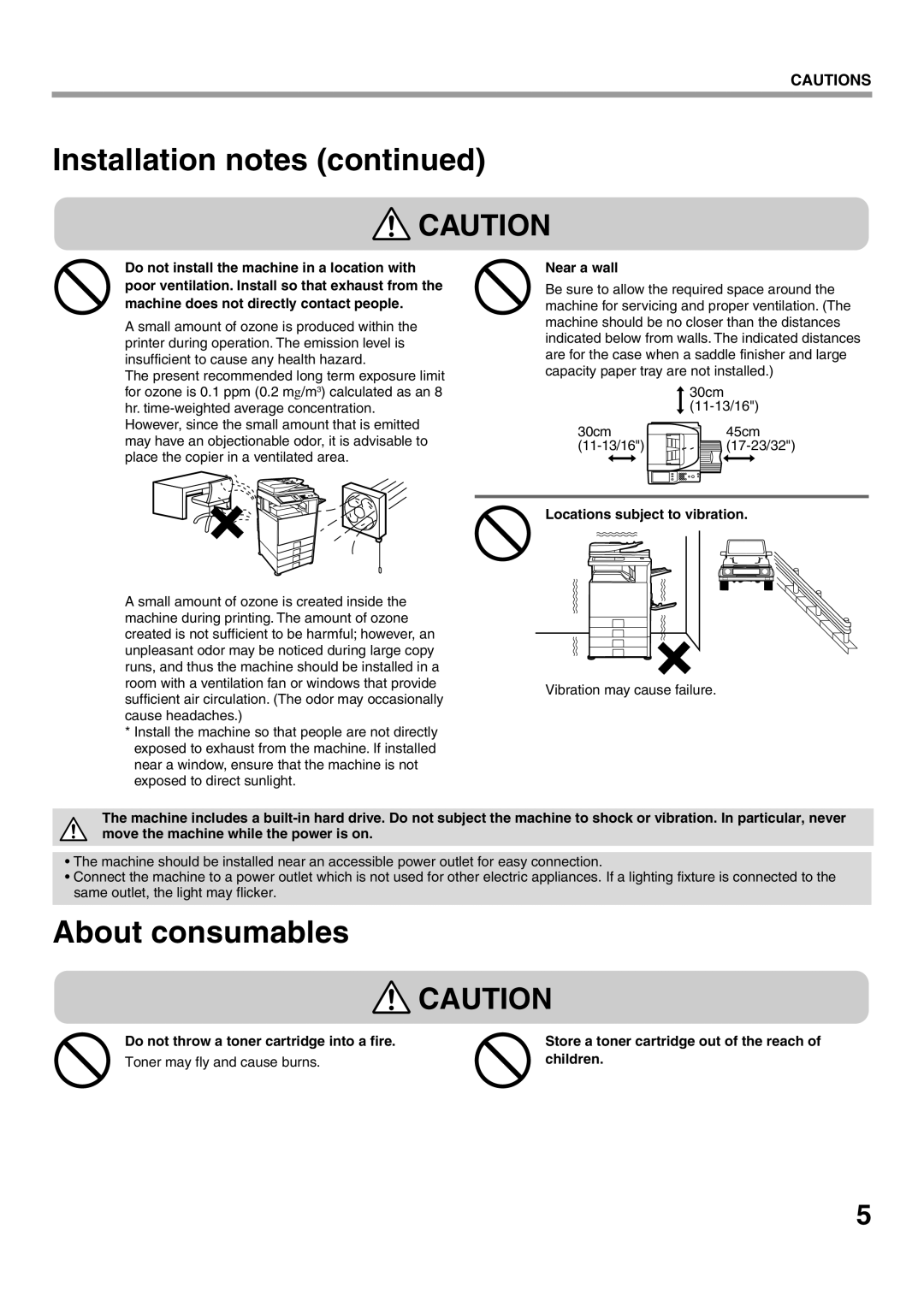 Sharp MX-M452N, MX-M502N, MX-M282N, MX-M362N manual About consumables, Near a wall, Locations subject to vibration 