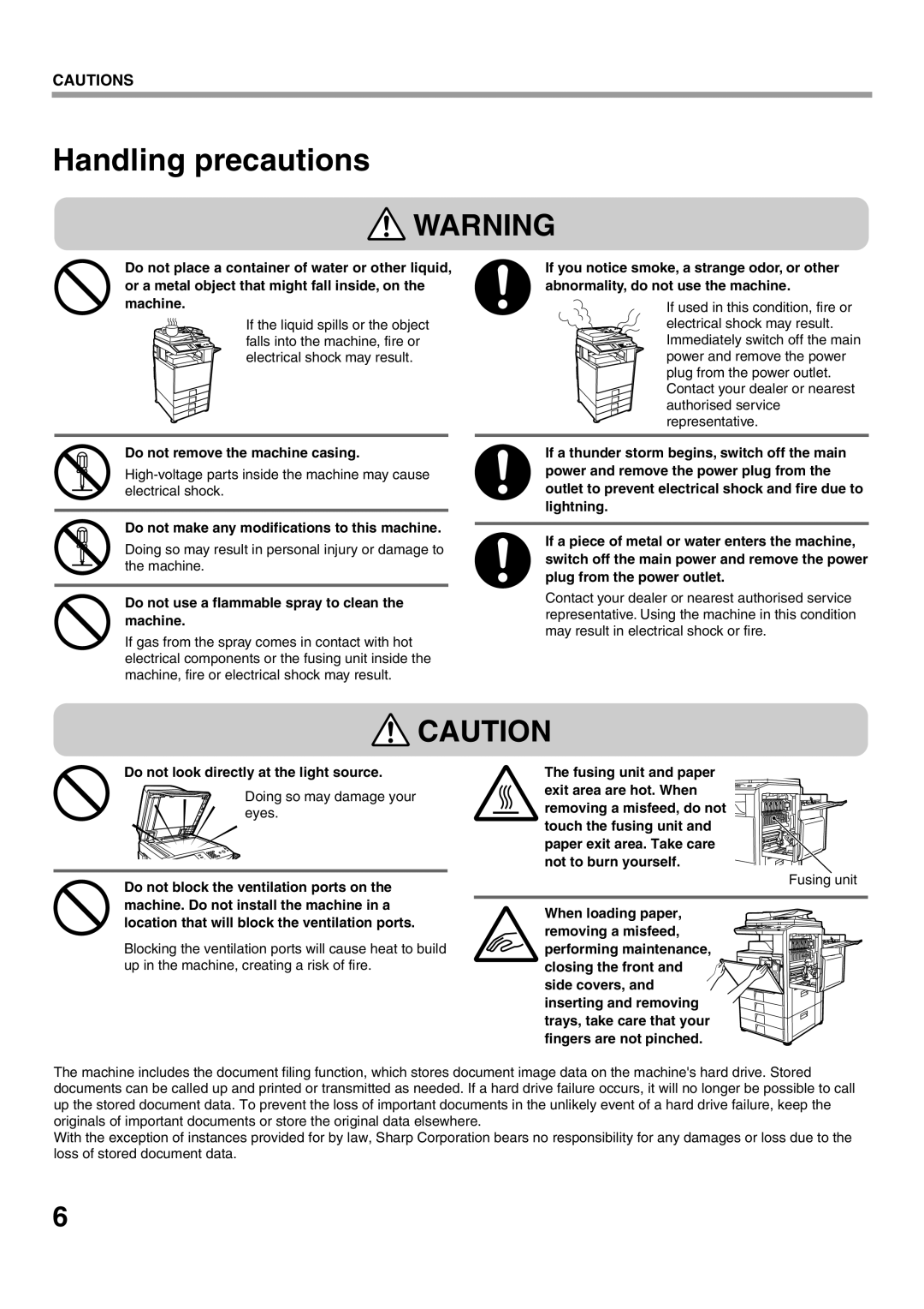 Sharp MX-M502N manual Handling precautions, Do not remove the machine casing, Do not make any modifications to this machine 