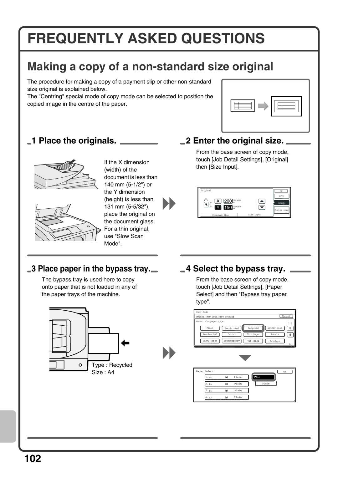 Sharp MX-M363U, MX-M503U, MX-M453U quick start Frequently Asked Questions, Making a copy of a non-standard size original 