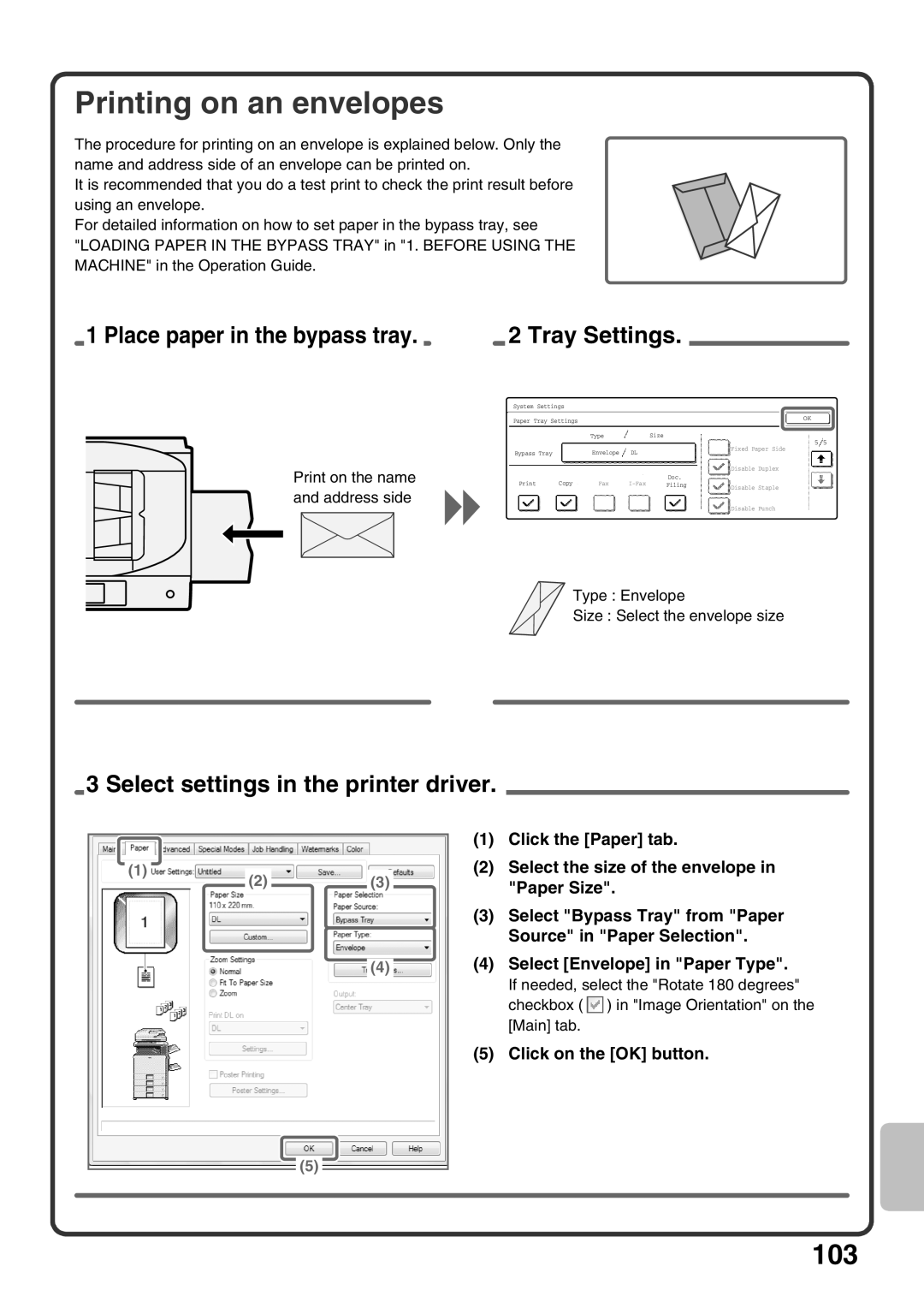 Sharp MX-M503U, MX-M453U, MX-M363U quick start Printing on an envelopes, Click on the OK button 