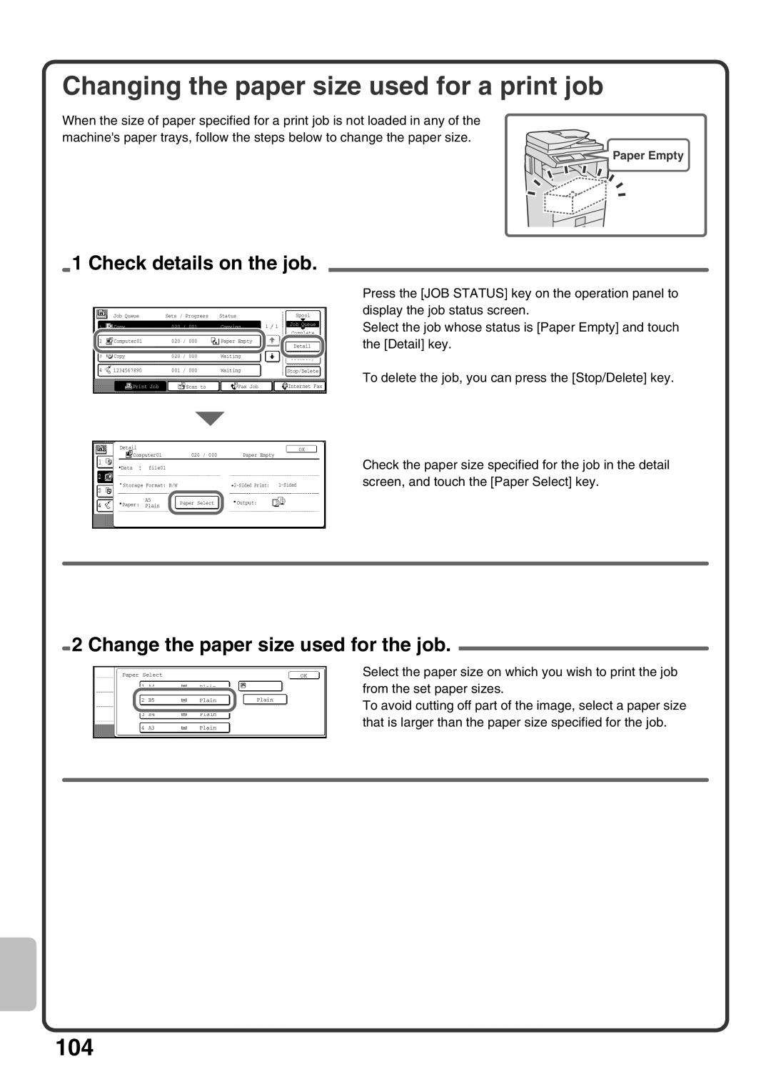 Sharp MX-M453U, MX-M503U, MX-M363U quick start Changing the paper size used for a print job, Check details on the job 