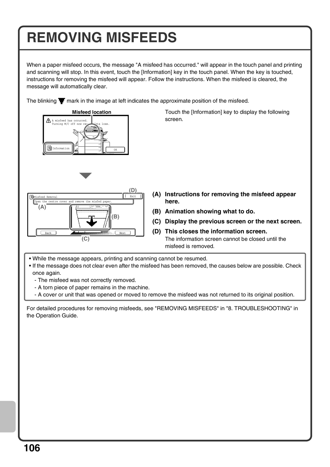 Sharp MX-M503U, MX-M453U, MX-M363U quick start Removing Misfeeds, Misfeed location 