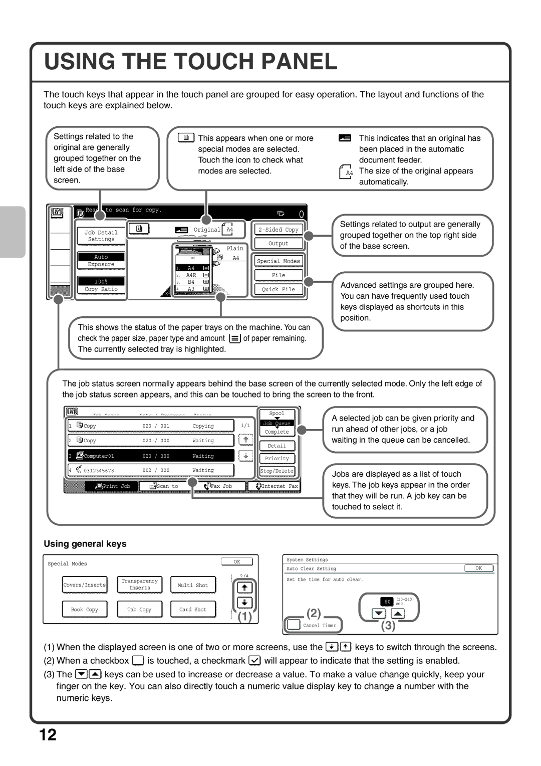 Sharp MX-M363U, MX-M503U, MX-M453U quick start Using the Touch Panel, Using general keys 