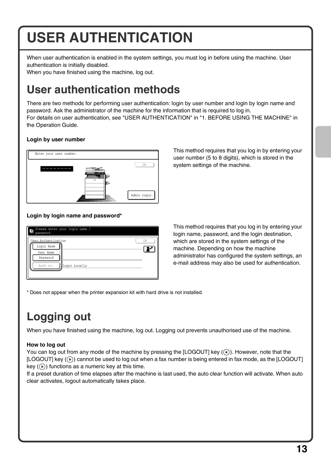 Sharp MX-M503U, MX-M453U, MX-M363U quick start User Authentication, User authentication methods, Logging out 