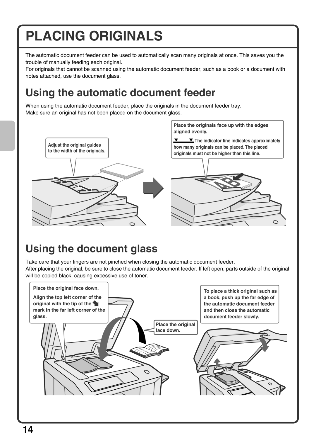 Sharp MX-M453U, MX-M503U, MX-M363U Placing Originals, Using the automatic document feeder, Using the document glass 