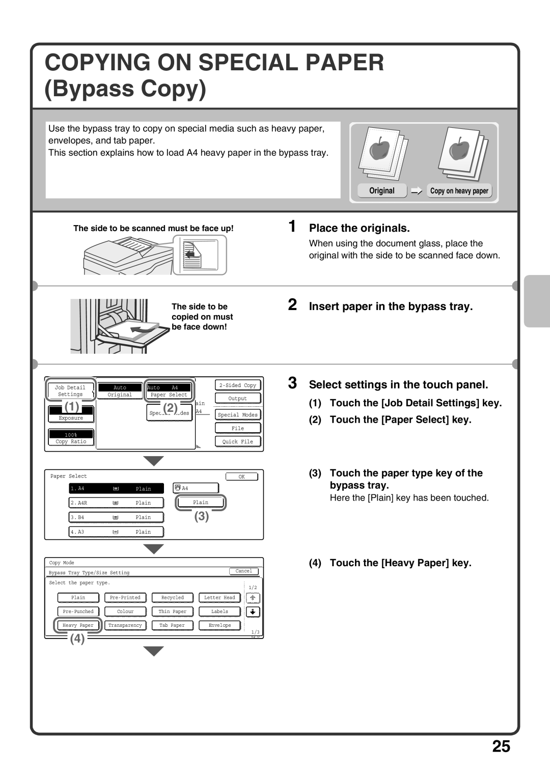 Sharp MX-M503U Touch the Job Detail Settings key, Touch the Paper Select key, Touch the paper type key, Bypass tray 