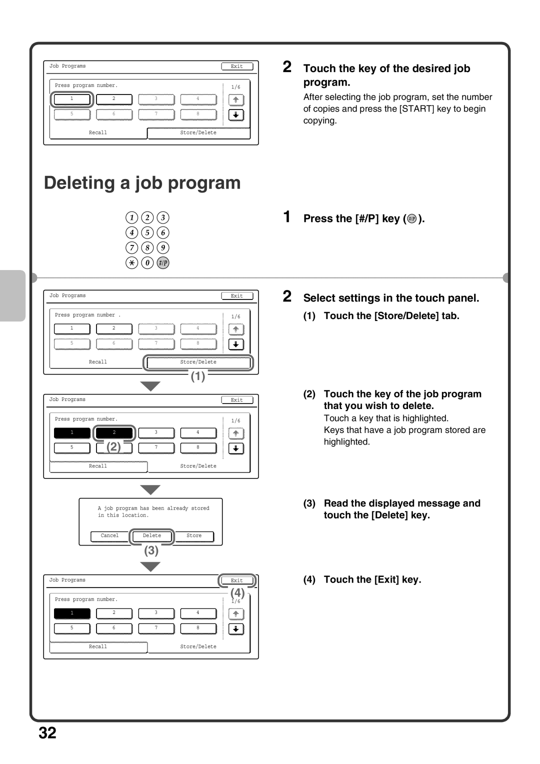 Sharp MX-M453U Deleting a job program, Touch the key of the desired job, Program, Touch the key of the job program 