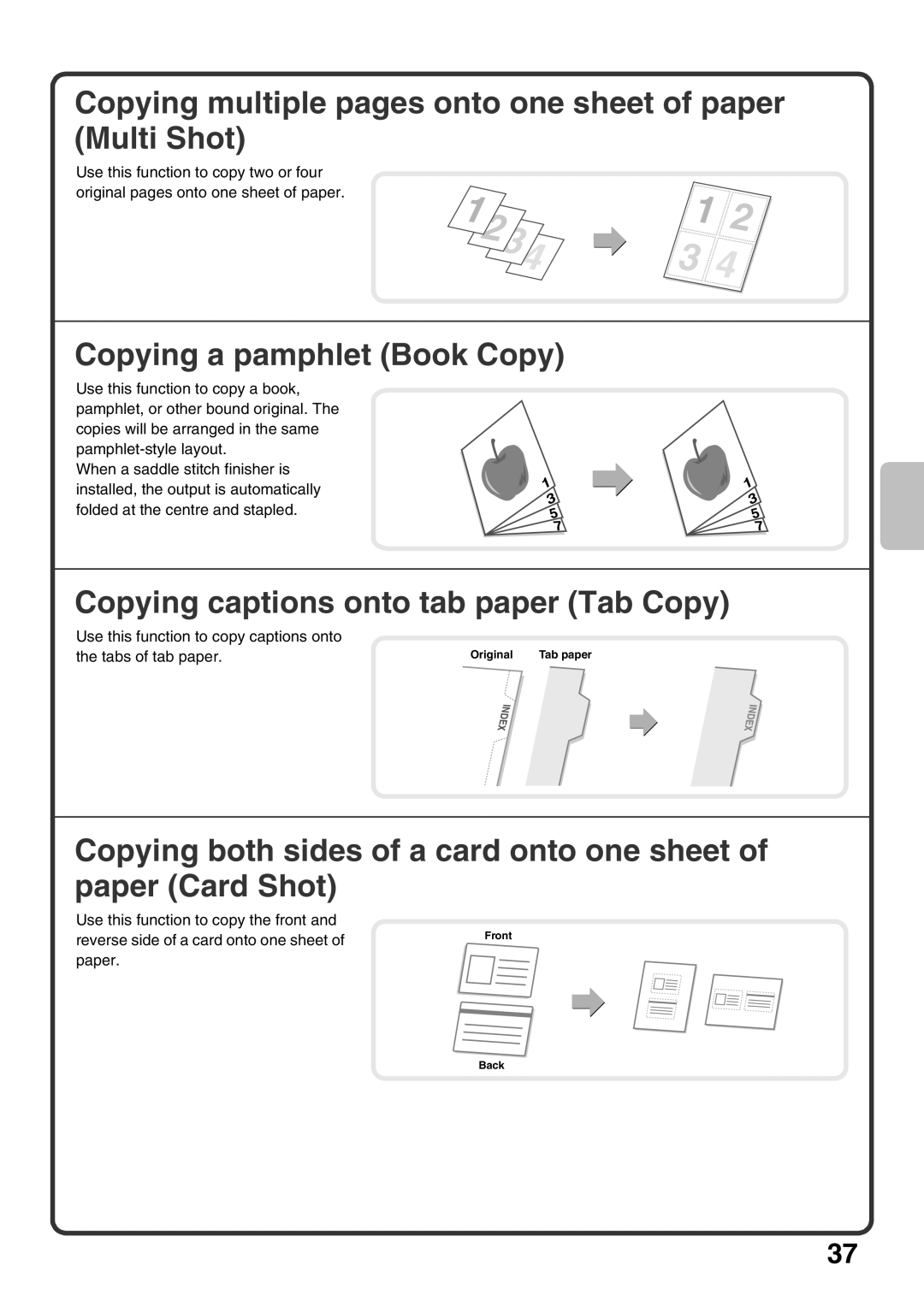 Sharp MX-M503U, MX-M453U, MX-M363U Copying multiple pages onto one sheet of paper Multi Shot, Copying a pamphlet Book Copy 