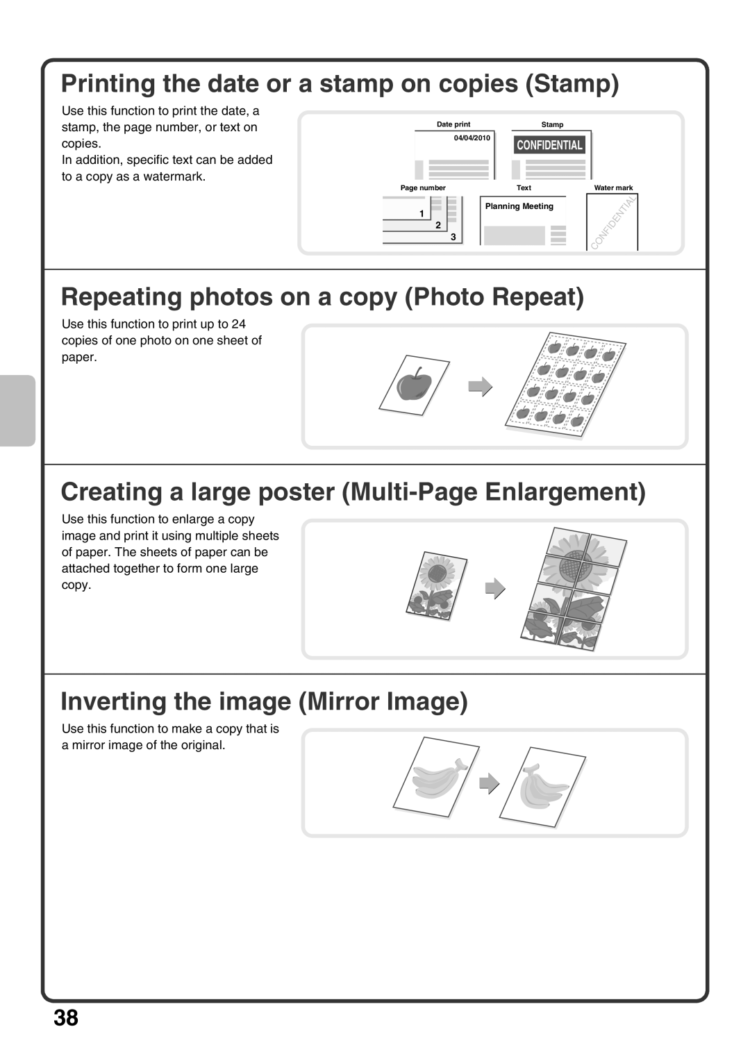 Sharp MX-M453U, MX-M503U, MX-M363U Printing the date or a stamp on copies Stamp, Repeating photos on a copy Photo Repeat 