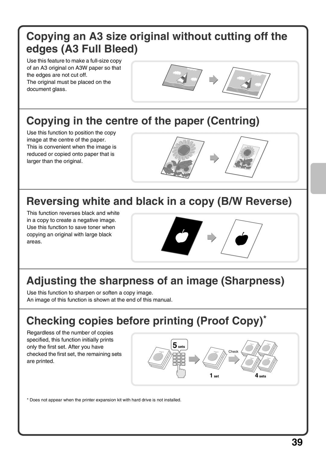 Sharp MX-M363U, MX-M503U Copying in the centre of the paper Centring, Reversing white and black in a copy B/W Reverse 