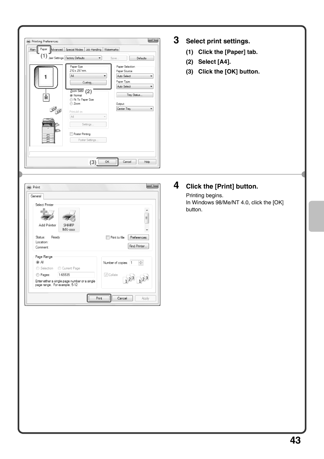 Sharp MX-M503U, MX-M453U Select print settings, Click the Print button, Click the Paper tab Select A4 Click the OK button 