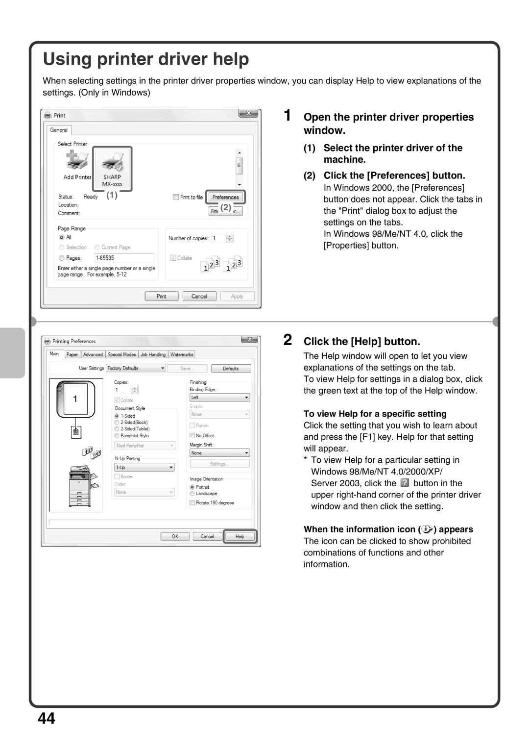 Sharp MX-M453U, MX-M503U, MX-M363U Using printer driver help, Click the Help button, To view Help for a specific setting 