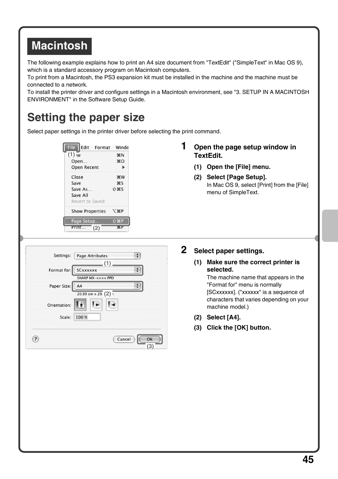 Sharp MX-M363U, MX-M503U, MX-M453U Setting the paper size, Open the page setup window, TextEdit, Select paper settings 