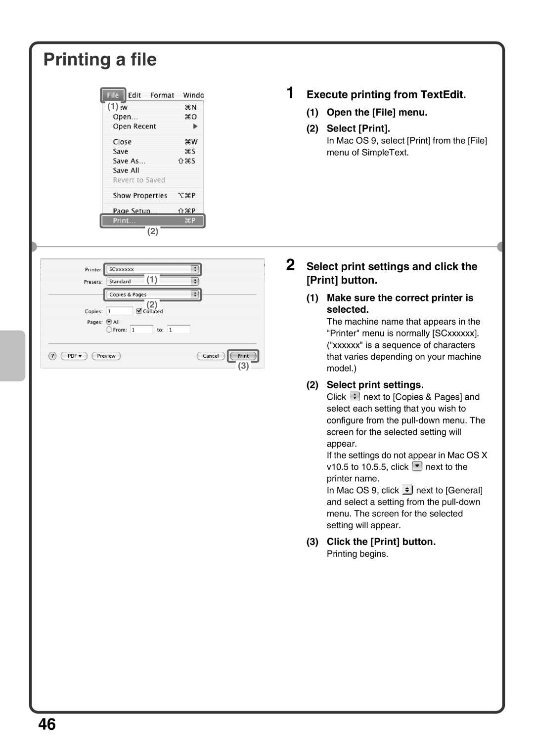 Sharp MX-M503U, MX-M453U Printing a file, Execute printing from TextEdit, Select print settings and click, Print button 