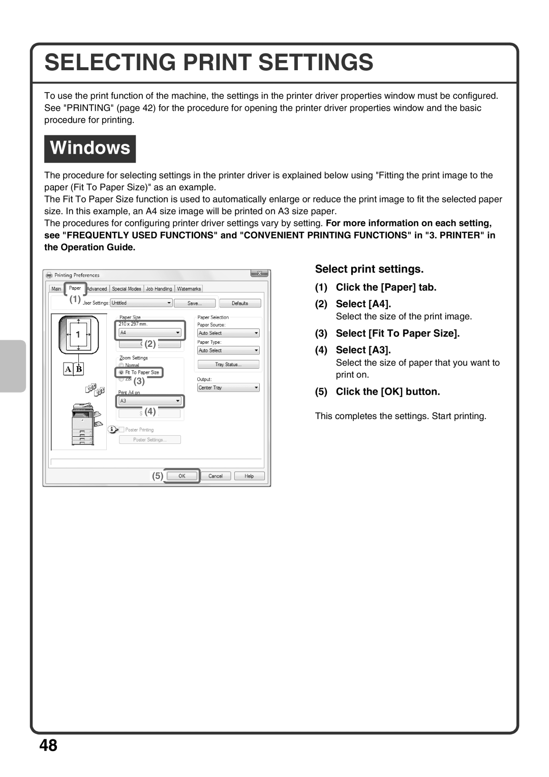 Sharp MX-M363U, MX-M503U, MX-M453U Selecting Print Settings, Click the Paper tab, Select Fit To Paper Size, Select A3 