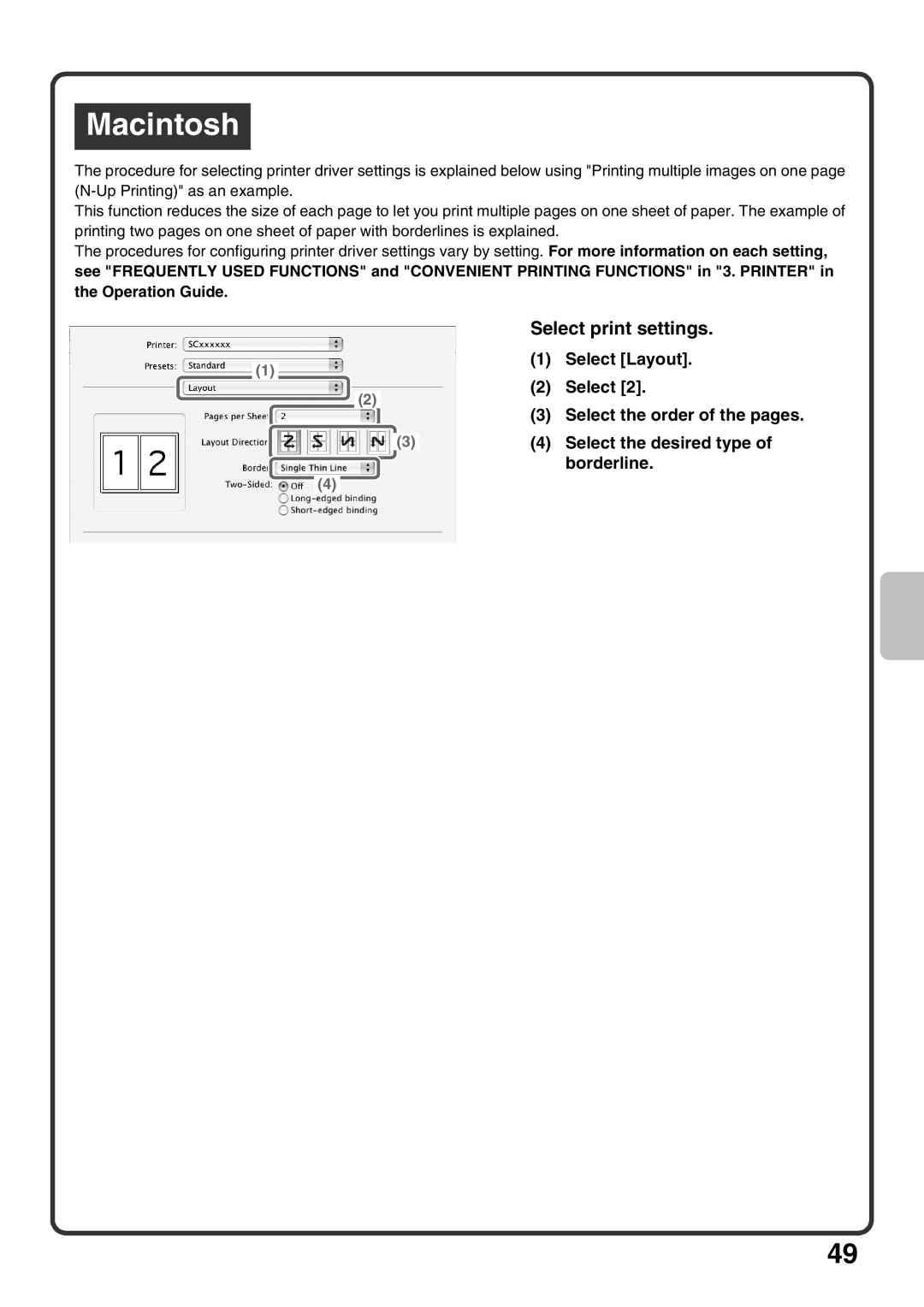 Sharp MX-M503U, MX-M453U, MX-M363U Select Layout, Select the desired type, Borderline, Select the order of the pages 