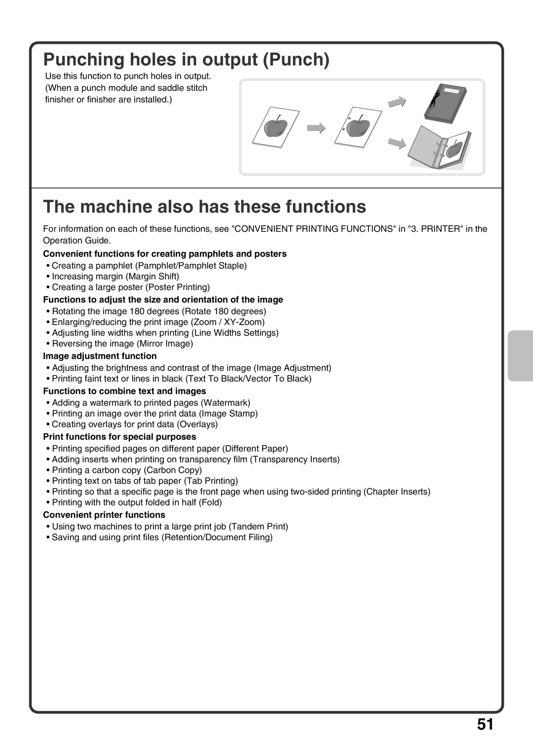 Sharp MX-M363U, MX-M503U, MX-M453U quick start Punching holes in output Punch, Machine also has these functions 