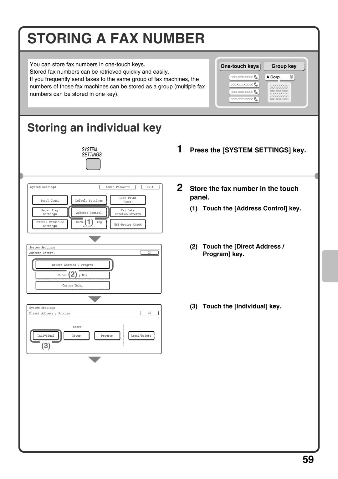 Sharp MX-M453U, MX-M503U, MX-M363U Storing a FAX Number, Storing an individual key, Store the fax number in the touch panel 