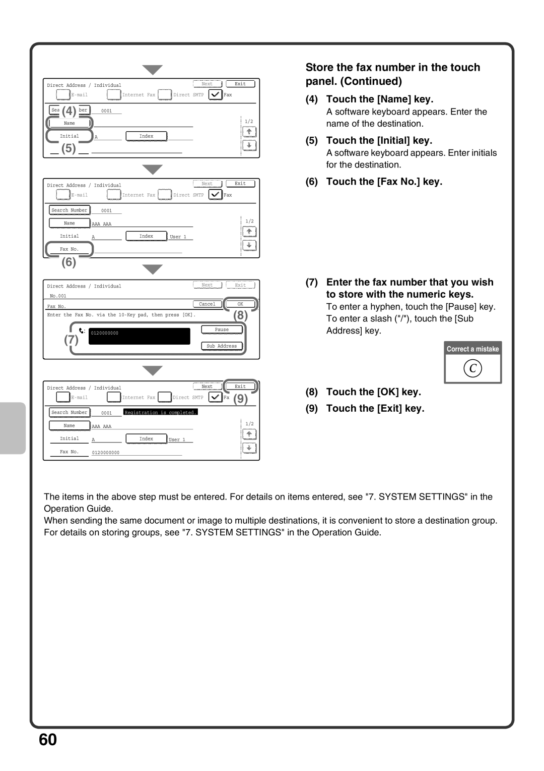 Sharp MX-M363U, MX-M503U, MX-M453U quick start Touch the Name key, Touch the Initial key, Touch the OK key Touch the Exit key 