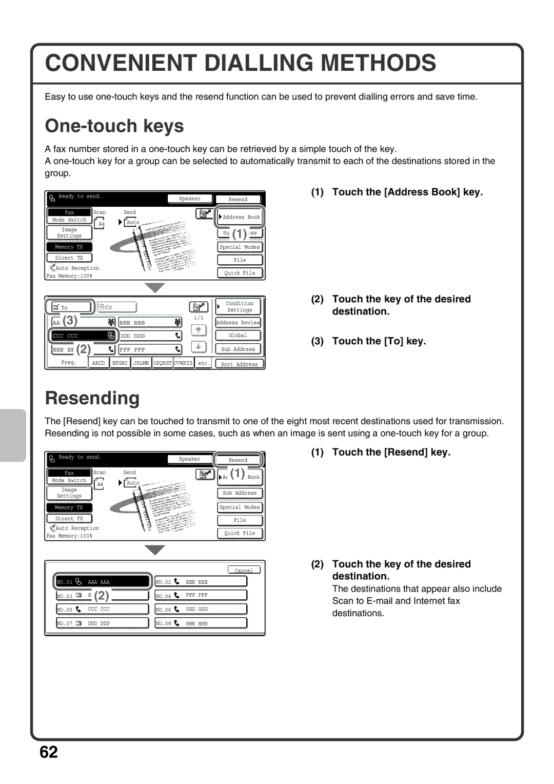 Sharp MX-M453U, MX-M503U, MX-M363U quick start Convenient Dialling Methods, One-touch keys, Resending 