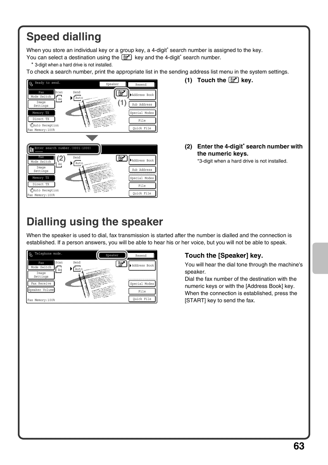 Sharp MX-M363U, MX-M503U, MX-M453U quick start Speed dialling, Dialling using the speaker, Touch the Speaker key 