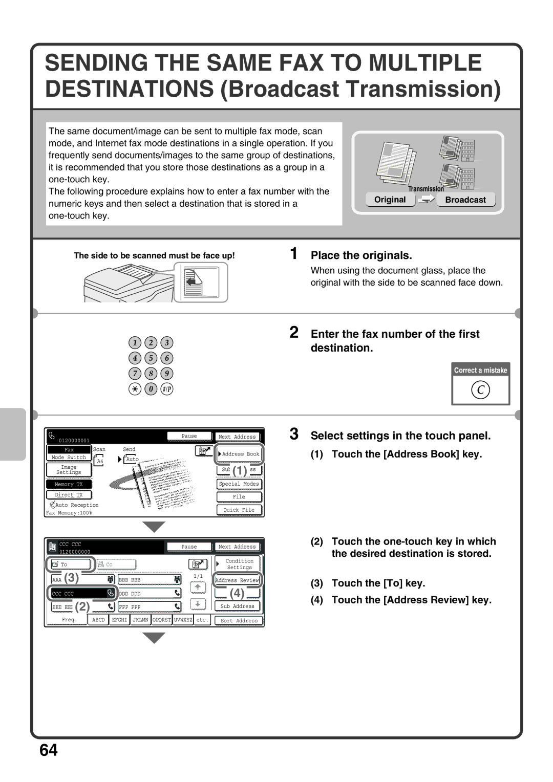 Sharp MX-M503U Enter the fax number of the first destination, Touch the Address Book key, Touch the Address Review key 